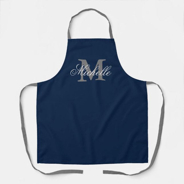Delantal Cocina monogramo con nombre personalizado azul mar (Anverso)