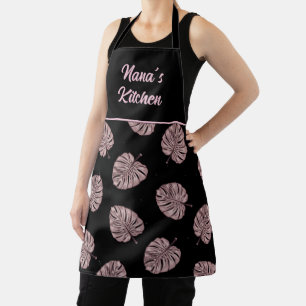 Delantal Cocina Nana elegante hojas de follaje negro rosa