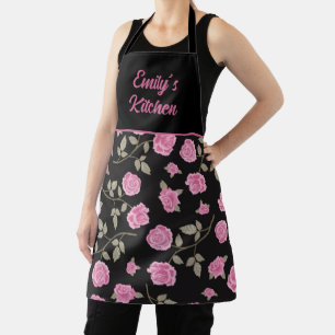 Delantal Cocina Negra Floral Rosa Elegante