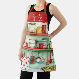 Delantal Cocina Retro Nombre en Letra Script Roja Cocinero