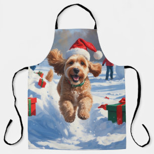 Delantal Cockapoo corriendo en la nieve con sombrero de Nav