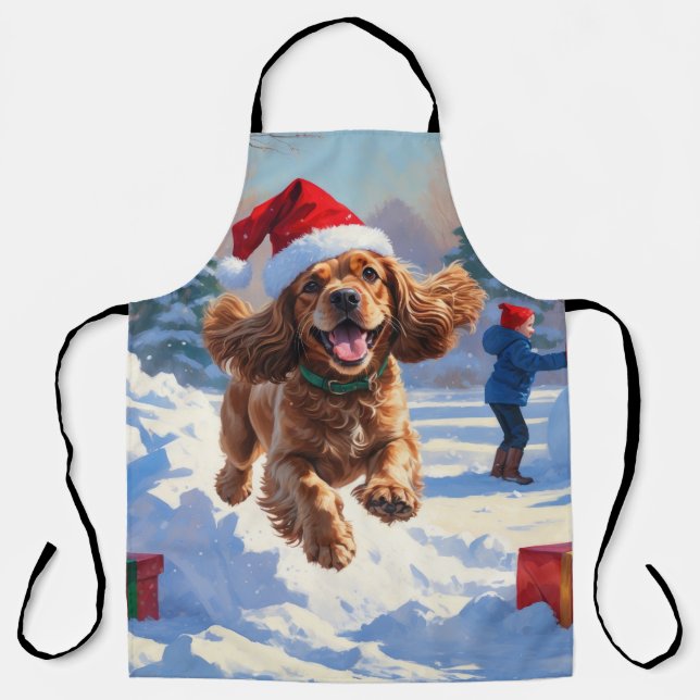 Delantal Cocker Spaniel corriendo en Nieve con Gorra Navida (Anverso)