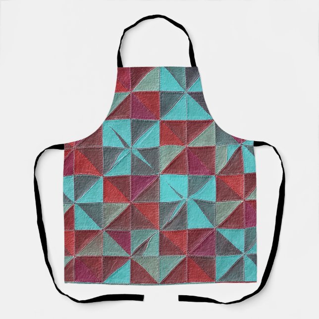 Delantal colcha roja, azul verdoso, morada y gris (Anverso)