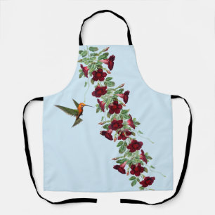 Delantal Colibrí y vino de flores rojas sobre azul