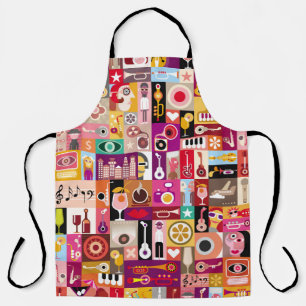 Delantal collage de arte, ilustracion musical vintage. Patc
