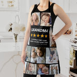 Delantal Collage de fotos de Revisión de Abuelas Apron<br><div class="desc">Crea tu propio delantal único de tu abuela con 11 fotos para reemplazarlas, el título "GRANDMA", con 5 de 5 estrellas de oro, una excelente reseña que dice "el mejor cocinero del mundo, siempre estaciones con amor", y los nombres de los niños. El título se puede cambiar a abuelo, mamá,...</div>