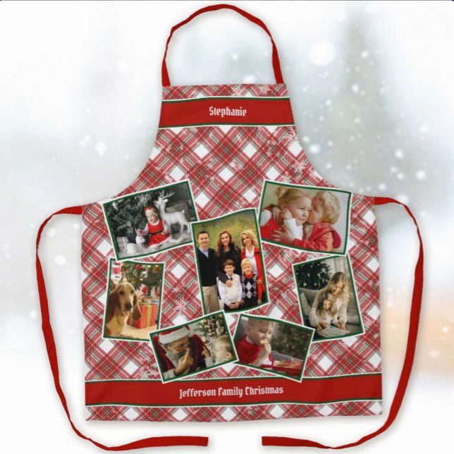 Delantal Collage de fotos familiar y Navidades de nombre Ap (Family Photo Collage and Name Christmas Plaid Apron)