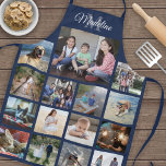 Delantal Collage de fotos monogramado patrón de cuadrícula<br><div class="desc">Celebra las simples alegrías de la familia y amigos con un elegante delantal de fotos personalizados. Si prefiere un fondo o texto en colores distintos del azul, el blanco y el gris, consulte las instrucciones que aparecen a continuación. (IMAGEN PLACEMENT TIP: Una manera fácil de centrar una foto exactamente como...</div>