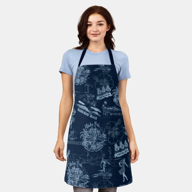 Delantal Collage de Viajes de Hawái en azul índigo (Gastado)
