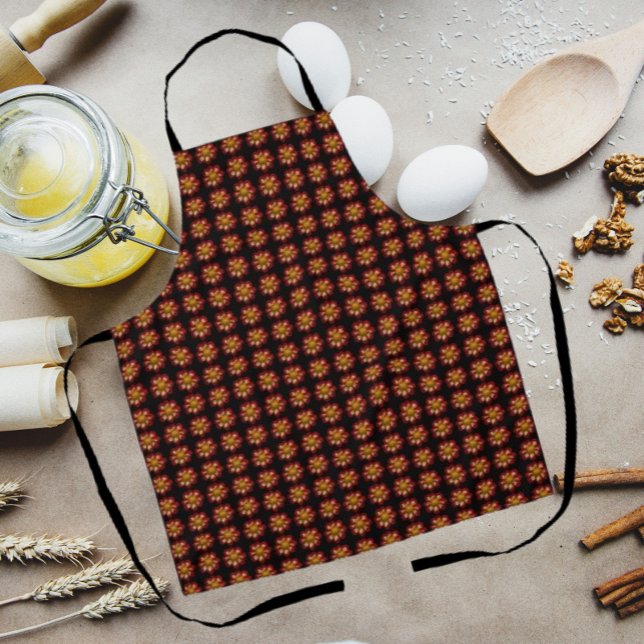 Delantal Collarette roja Dahlia patrón floral en negro (In Situ Kitchen)