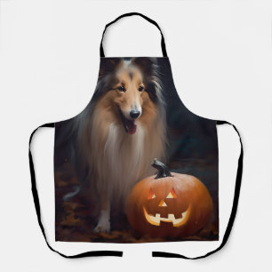 Delantal Collie en masa de Halloween con calabazas aterrado