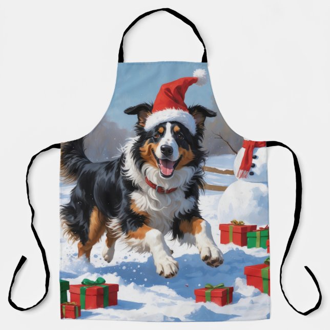 Delantal Collie rudo en nieve con Gorra Navidad (Anverso)