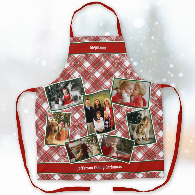 Delantal Colocación de Collage de fotos familiar y Navidade (Family Photo Collage, Name Template, Christmas Plaid, Holiday Apron)