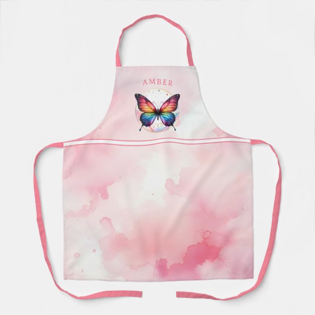 Delantal Color de agua de mariposa arcoiris rosa personaliz (Anverso)
