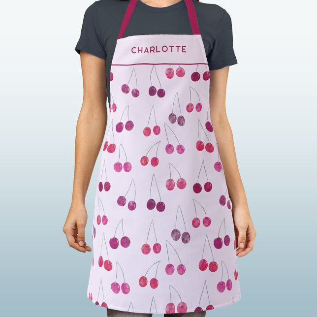 Delantal Color de agua rosa cereza personalizado (Pretty watercolor cherry pink pattern personalized custom name text apron)