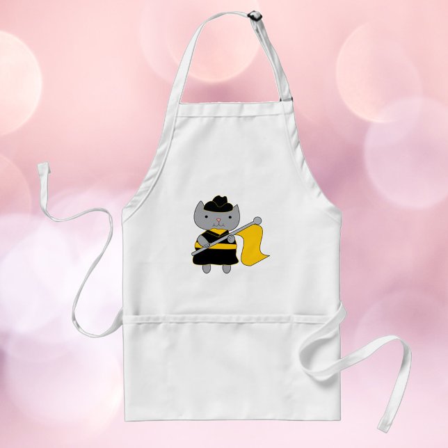 Delantal Color Guard Cat Black and Yellow Gold (An apron featuring a cute gray cat wearing a black & yellow color guard uniform.)