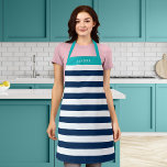 Delantal Colores editables con franjas blancas Añadir nombr<br><div class="desc">Apron personalizado con un patrón de rayas blancas con un color de fondo editable, haga clic en el botón personalizar para acceder. Para cambiar el color azul, seleccione el color de fondo y cambie su color. Para cambiar el color turquesa, seleccione una capa rectangular y cambie su color de relleno....</div>