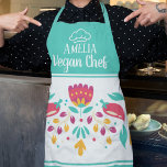 Delantal Colorido verde marino floral de México<br><div class="desc">Moderno delantal verde y blanco marino,  decorado con coloridas flores mexicanas y pimientos rojos,  y una silueta de gorra de chef.</div>
