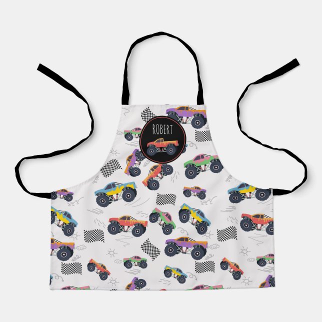Delantal Coloridos Camiones Monstruos Carreras Niños Nombre (Anverso)
