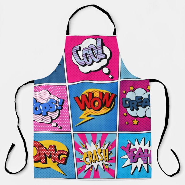 Delantal Comic Bubbles Set. Expresiones Bom, Guay, Pow, Oop (Anverso)
