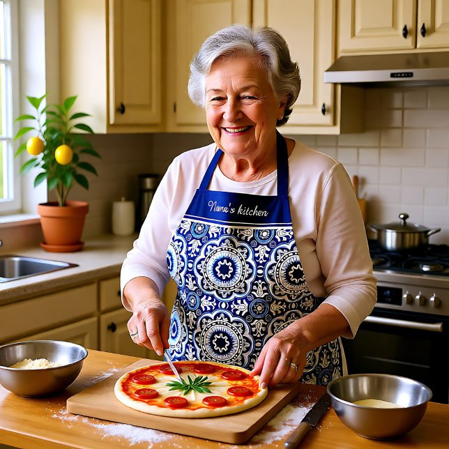 Delantal Con 💙 de texto 🤍 Hermosos Azulejos Mediterráneos (With text💙🤍Beautiful Mediterranean Azulejos Apron)