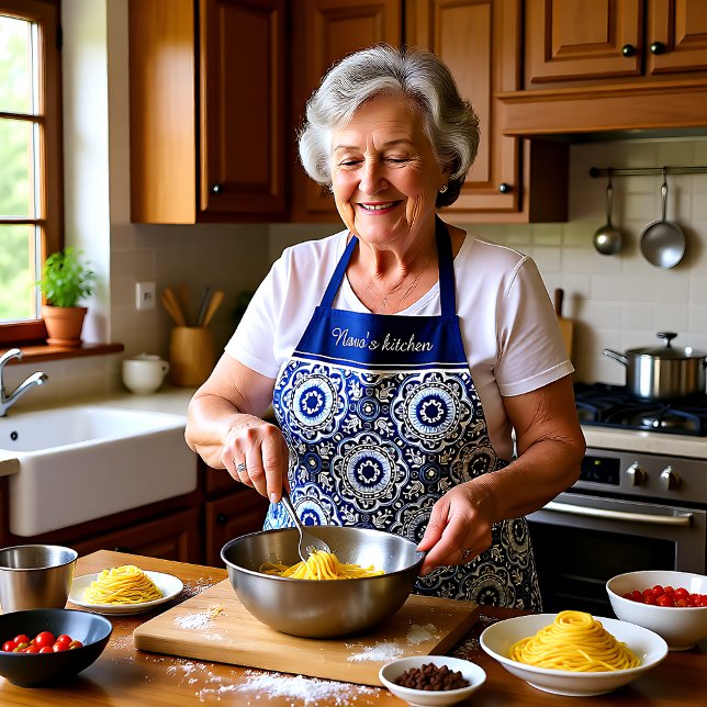 Delantal Con 💙 de texto 🤍 Hermosos Azulejos Mediterráneos (With text💙🤍Beautiful Mediterranean Azulejos Apron)