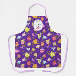 Delantal con Estampado de Tetera y Tazas Morado