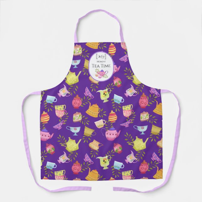 Delantal con Estampado de Tetera y Tazas Morado (Anverso)