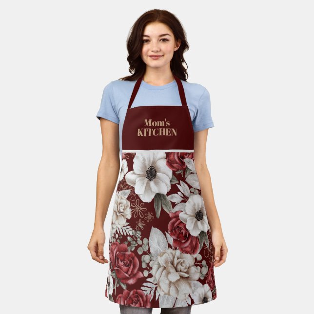 Delantal con estampado floral de rosa borgoña rúst (Gastado)
