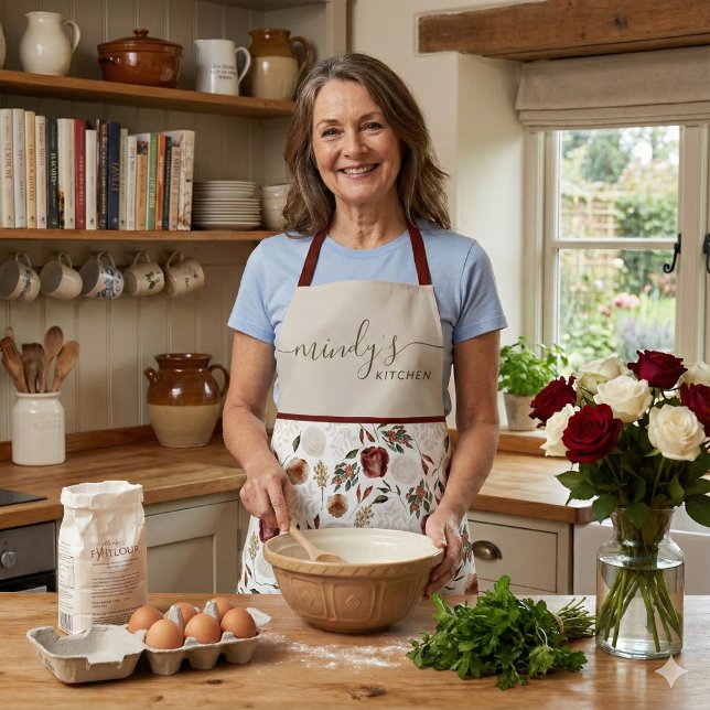 Delantal con estampado floral en acuarela (This beautiful watercolor floral personalized apron would make a great mother's day or birthday gift)