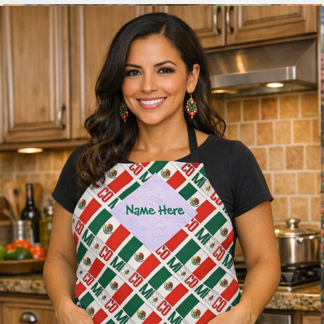 Delantal con Estampado Personalizado de México en  (Personalized apron shows tiled Mexican Flag and MEXICO. Space for a name on the White fractal.)