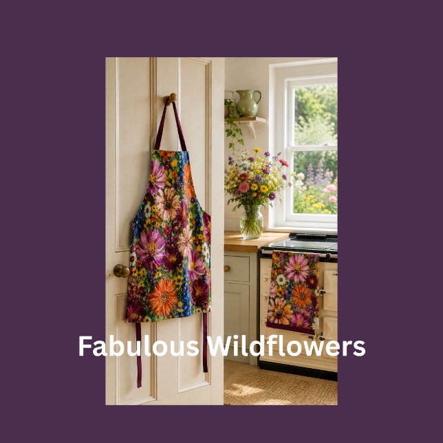 Delantal con estampado total de flores silvestres  (Colourful wildflower apron and tea towel bring joyful cottage charm to this radiant country kitchen.)