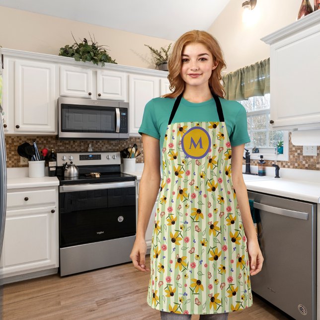 Delantal con Estampado Total de Mariposa de Flor d (Monogram Coneflower Butterfly All-Over Print Apron)