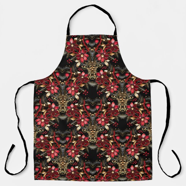 Delantal con Flores Decorativas Rojas para Fiestas (Anverso)