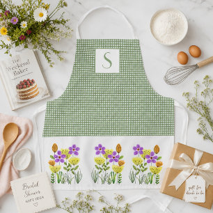 Delantal con Gingham Verde y Monograma de Flores S