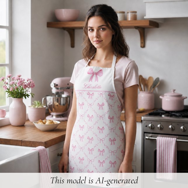 Delantal con lazo coqueto rosa (sweet pretty cute coquette pink bow apron, custom name in script calligraphy, personalized gifts)