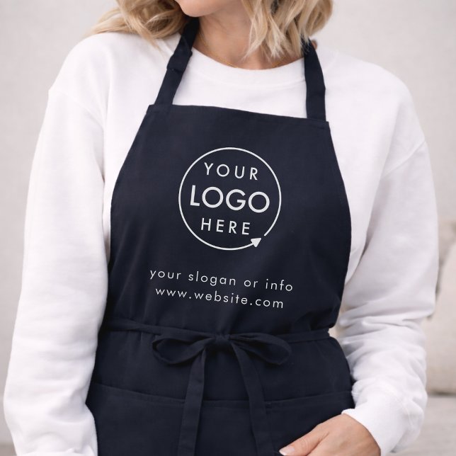 Delantal con logotipo personalizado | Delantales d (Navy blue company branded aprons for your store or salon team apparel employee brand uniform.)