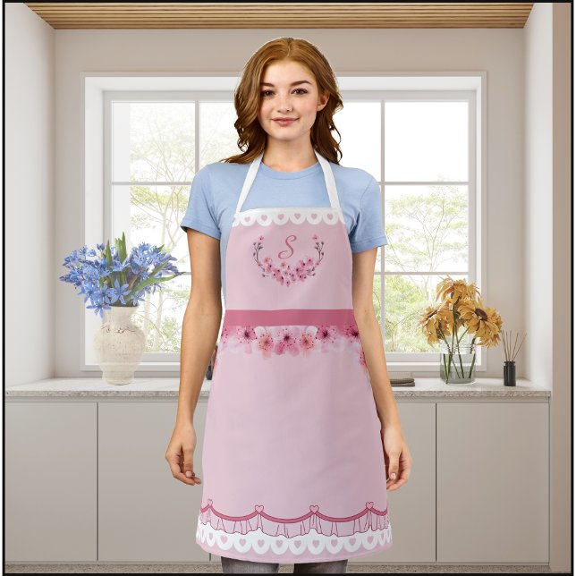 Delantal con Monograma de Flor de Cerezo Rosa (Pink Cherry Blossom Monogram Apron)