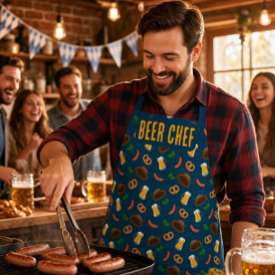 Delantal con patrón de cerveza, pretzel y salchich
