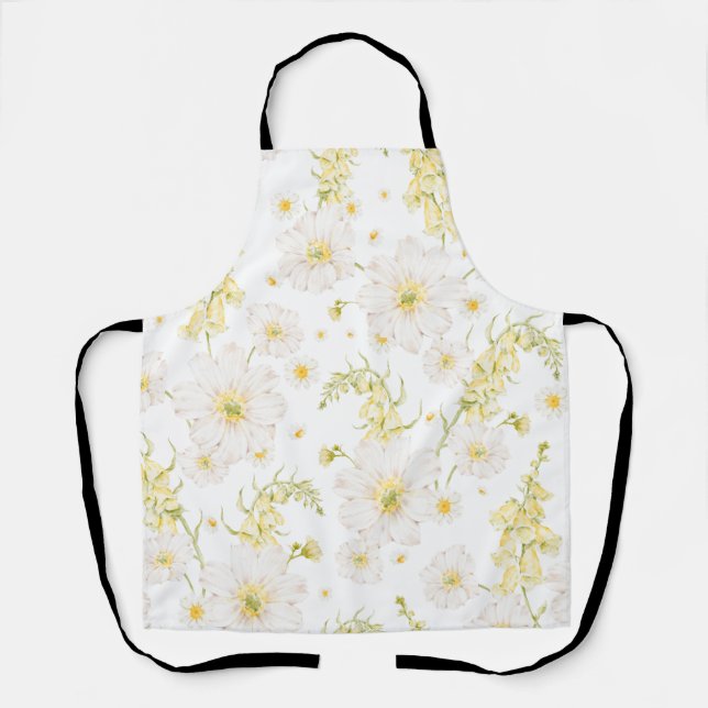 Delantal con patrón de flores blancas acuarela (Anverso)