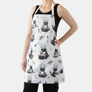 Delantal con Patrón de Gato Chef Mono Blanco y Neg