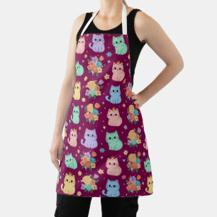 Delantal con patrón de gatos y flores pastel Kawai