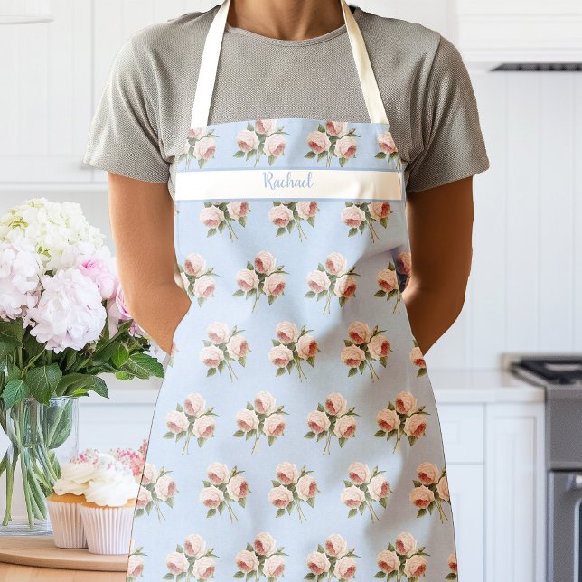 Delantal con rosas de acuarela rosadas sobre textu (Pink Roses Blue Apron)