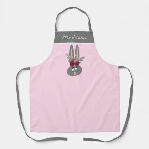 Delantal Conejito floral moderno Nombre personalizado rosa