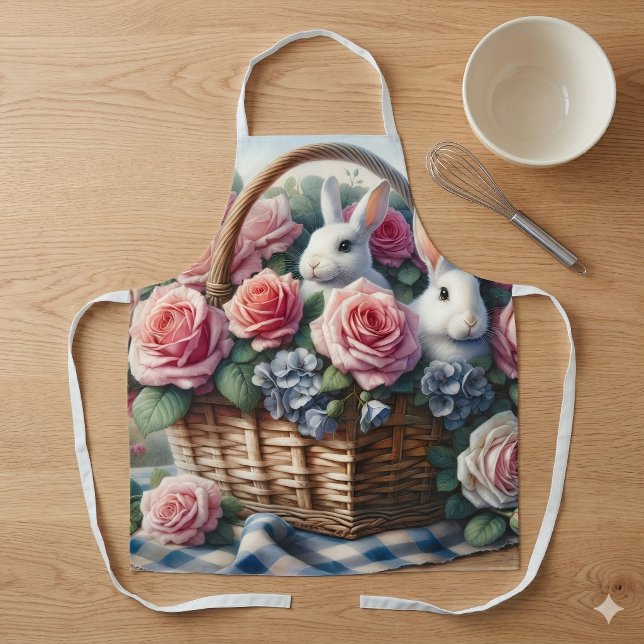 Delantal Conejitos Acurrucados Entre Rosas de Cabaña (Bunnies Nestled Among Cottage Roses Apron)