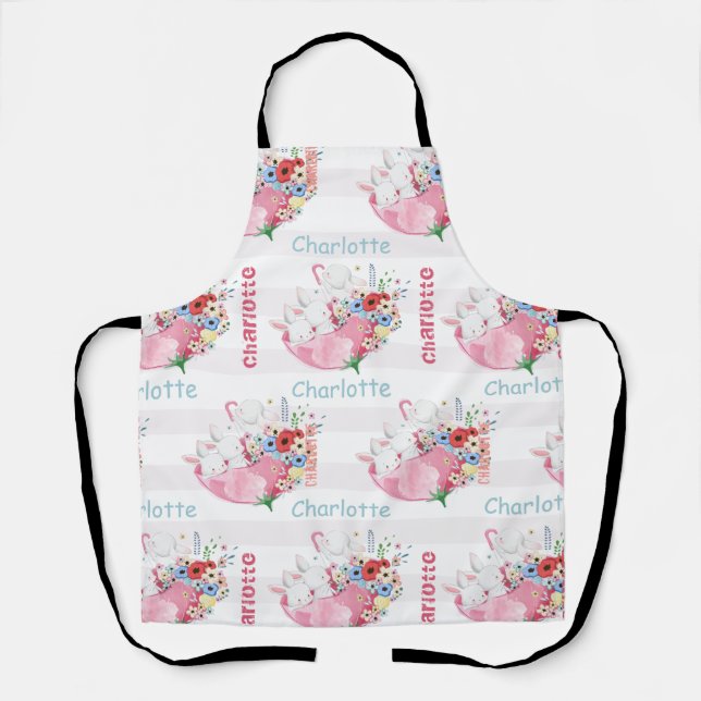 Delantal Conejitos Lindos en Patrón de Paraguas Floral Rosa (Anverso)