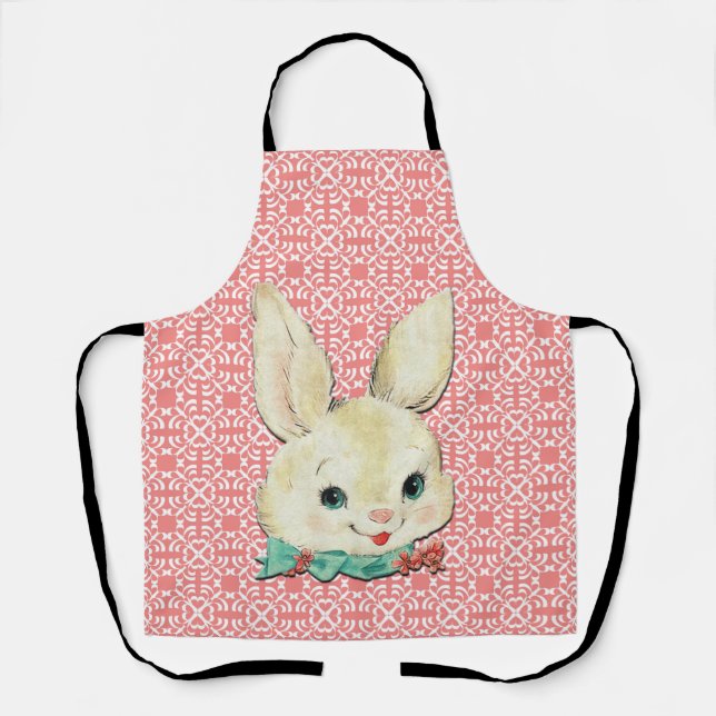 Delantal Conejo blanco de Pascua 0n Flor Apron blanco y ros (Anverso)
