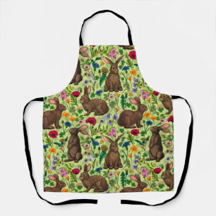 Delantal Conejos y flores silvestres en verde miel