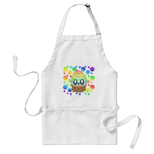 Delantal Cono de helado kawaii con lunares de arcoíris (Frente)