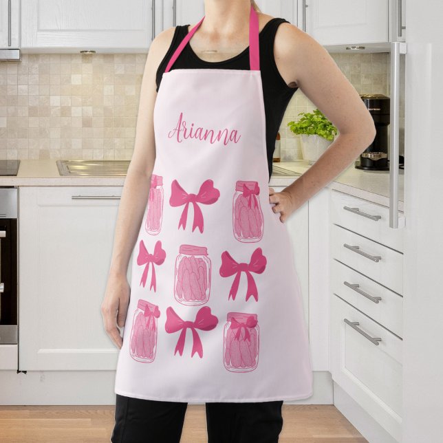 Delantal Coqueta rosa caliente Jar y Bow personalizada (Hot Pink Coquette Pickle Jar and Bow Personalized Apron)